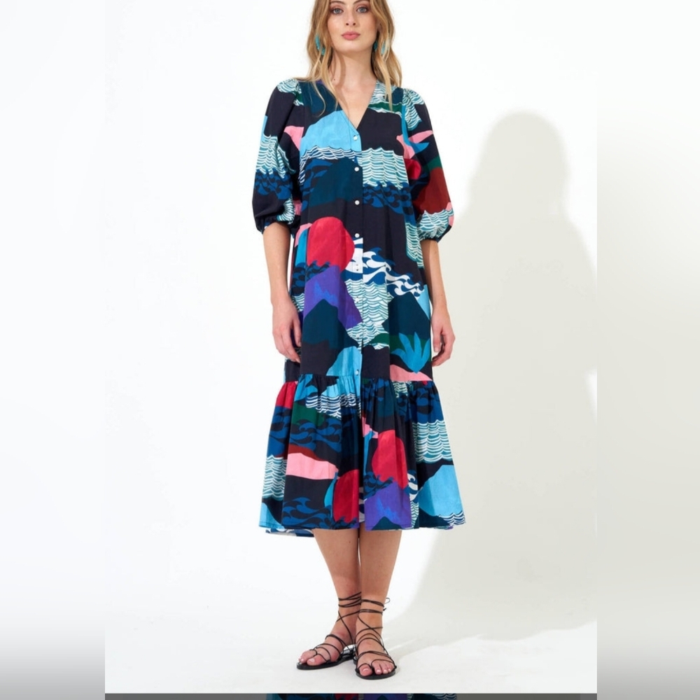 OLIPHANT $328 Midi Button Puff Sleeve Pacifica. NWT XL